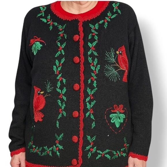 Vintage Sweaters - Vintage Black Cardinal Holiday Sweater Plus Size 1X Christmas Embroidered Birds